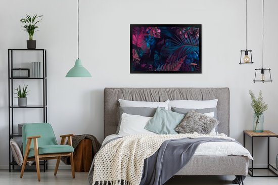 Fotolijst incl. Poster - Jungle - Bladeren - Blauw - Roze - Jongetjes - Meisjes - Kind - 90x60 cm - Posterlijst