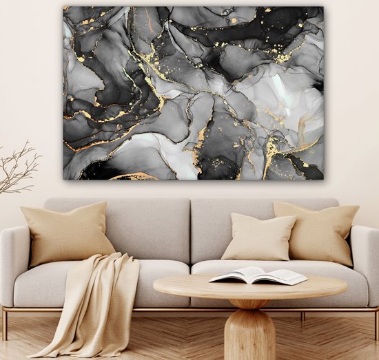 Toile Peinture Marbre - Zwart - Or - Grijs - 120x80 cm - Décoration murale