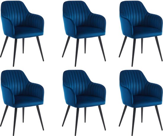Set van 6 stoelen met fluweel en zwarte metalen leuningen - Blauw - ELEANA L 58 cm x H 82 cm x D 59 cm