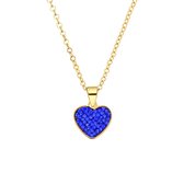 Lucardi Dames Stalen goldplated ketting hart kristal sapphire - Ketting - Staal - Goudkleurig - 47 cm