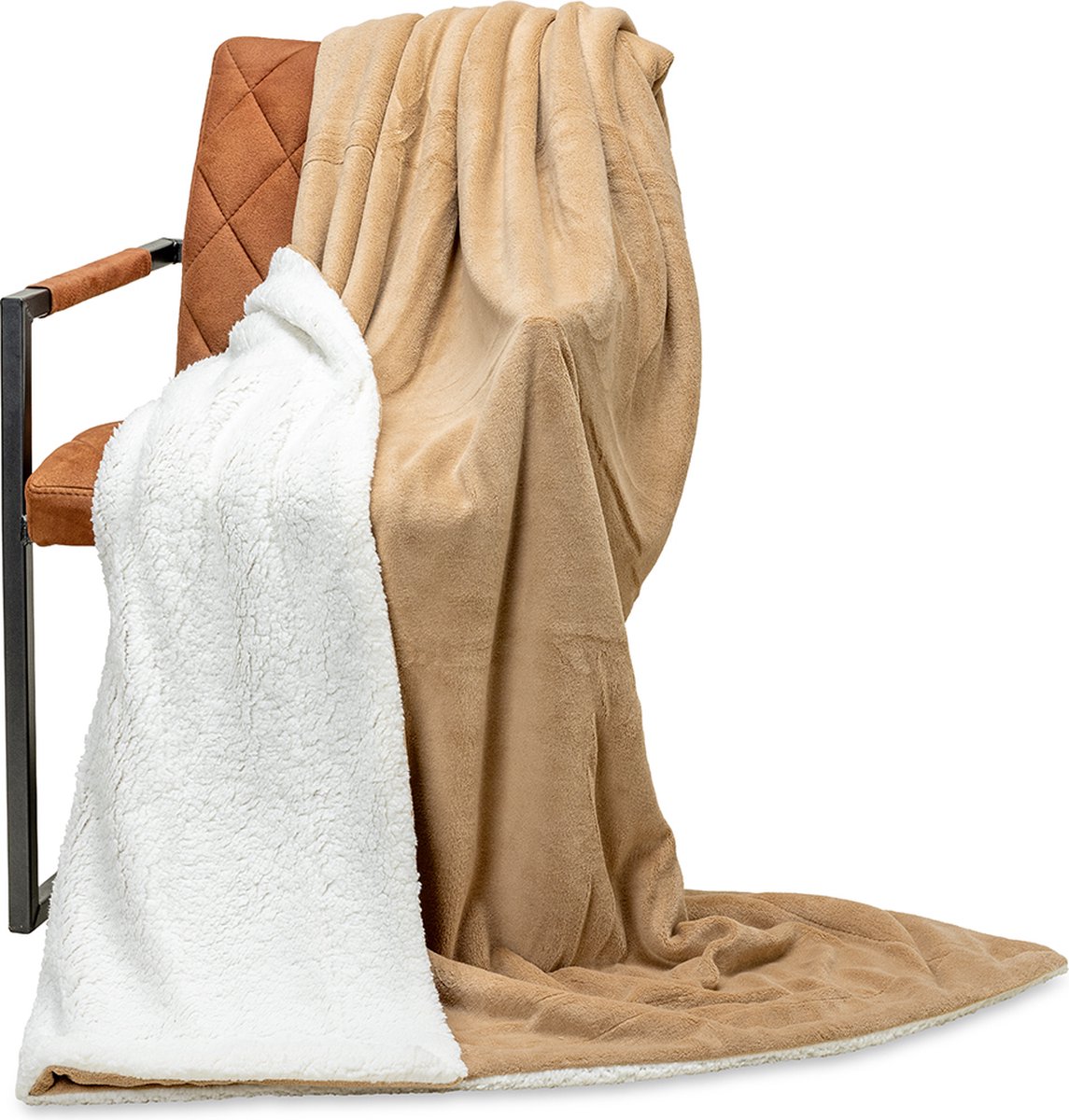 Wicotex - Plaid deken - Fleece Plaid Espoo Camel - Afmeting 150x200cm met Witte Sherpa binnenkant - Zacht en warme Fleece deken - Plaidfleece