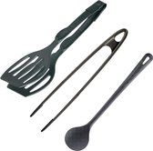 Set de 3, 1 spatule double + 1 pince à rôtir et à servir + 1 cuillère à mélanger/cuire, PA, douce, Zwart