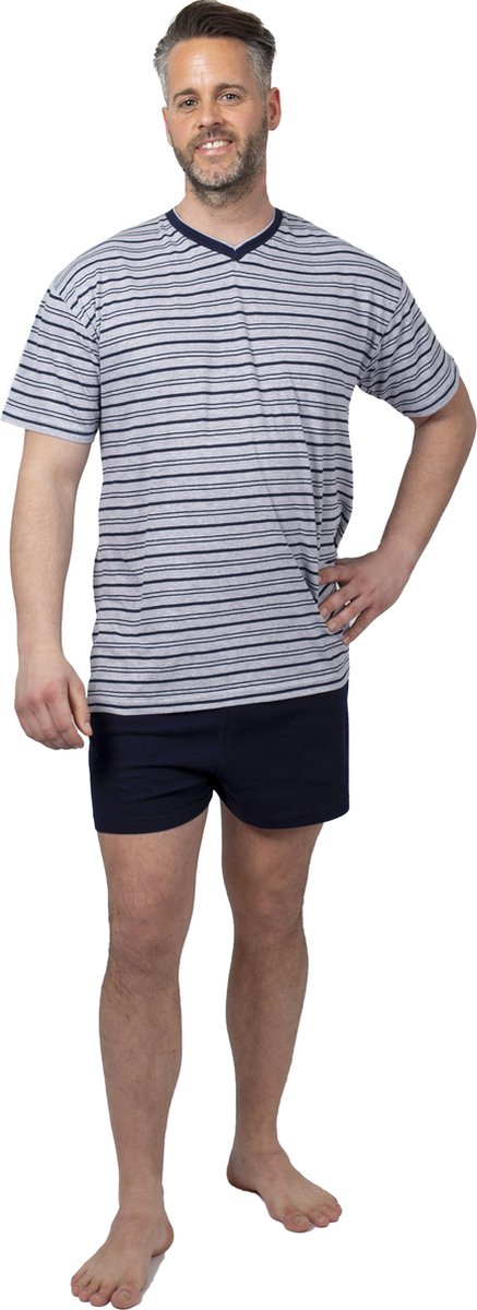 Amantes Pyjama Heren kort - grijs/navy streep - V Hals - Maat L/XL (52/54)