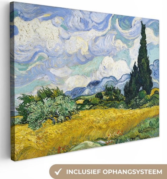 Canvas Schilderij Tarweveld met Cipressen - Vincent van Gogh - 120x90 cm - Wanddecoratie