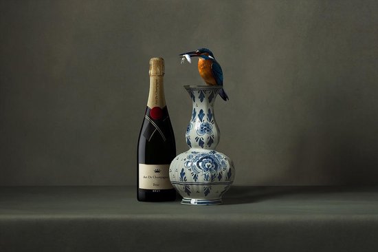 The still life collection IV - 60cm x 90cm - Fotokunst op akoestisch schilderij | Wanddecoratie Vogel Bloemen champagne
