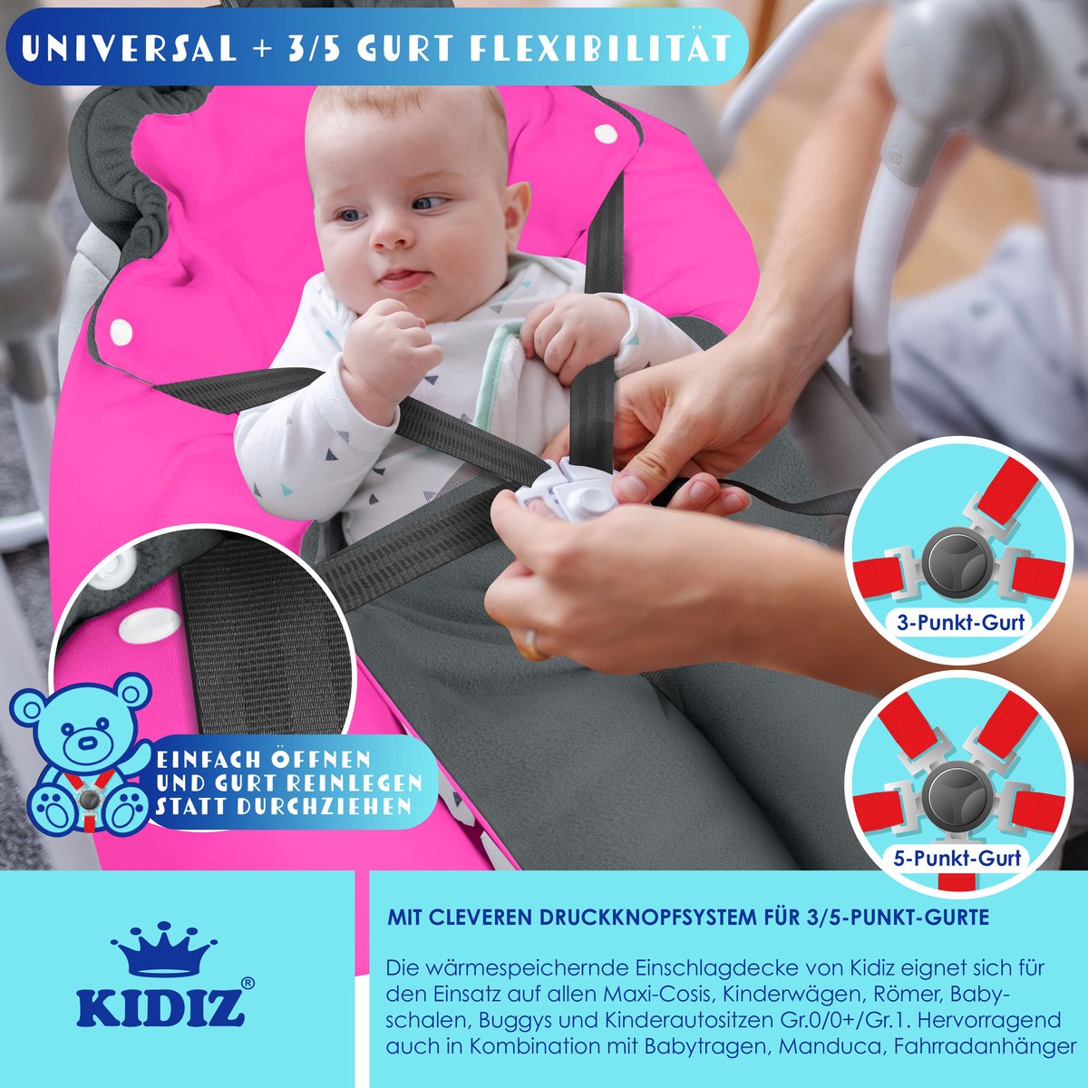 KIDIZ® Baby Slaapzak voor Buggy Voetenzak voor Autostoeltje & Wandelwagen Babyschaal, voor Winter met Kap + Babyslaapzak Deken voor Maxi-Cosi & Kinderwagen alle Gordelsystemen 3 & 5-Puntsgordel - Antraciet / Roze – foto 8