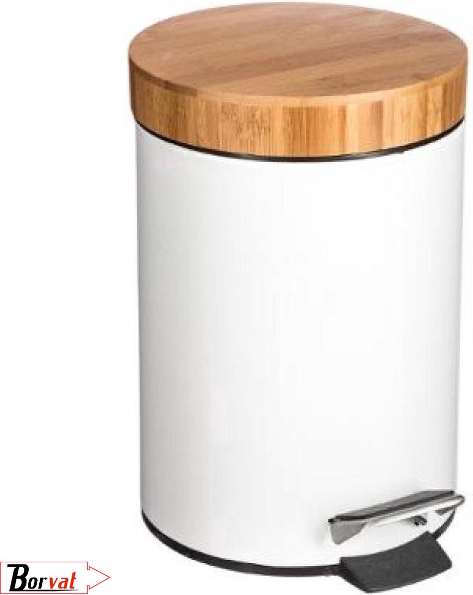 Borvat® | Stijlvolle prullenbak met bamboe deksel | Wit / hout | Klein formaat | 3L | badkamer / wc / keuken / kantoor prullenbak