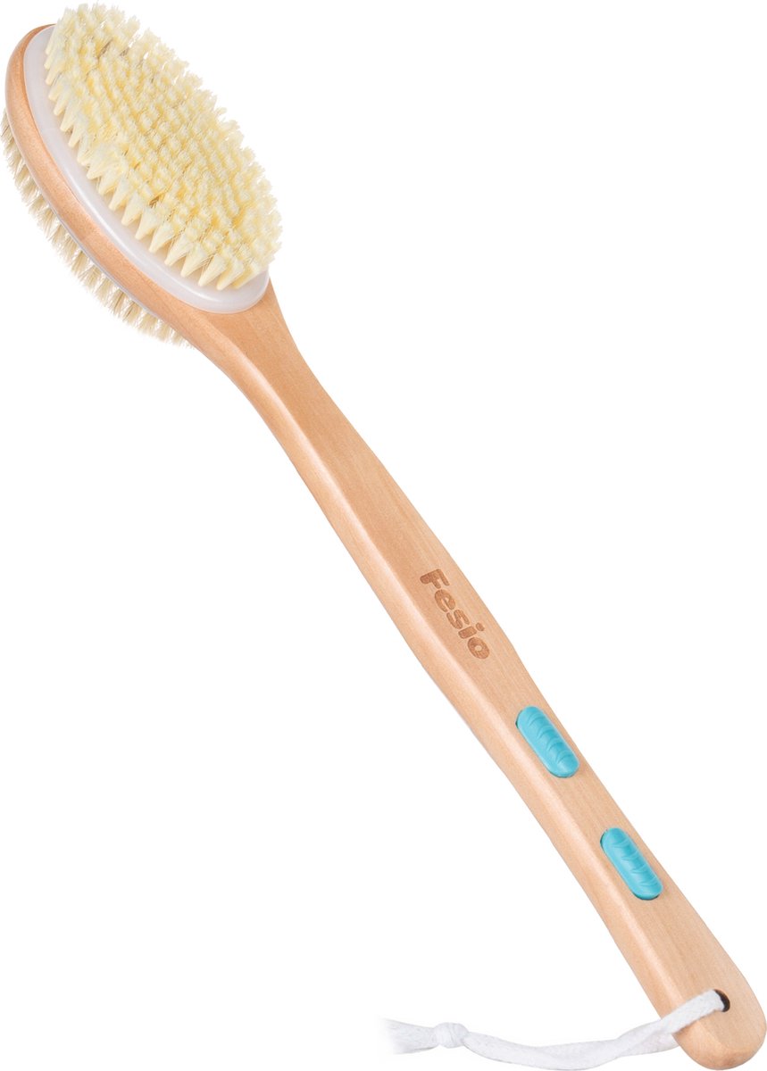 Fesio Badborstel met Lange Steel - Dubbelzijdig - Dry Brushing Lichaamsborstel - Rugborstel/Doucheborstel/Huidborstel - 43 cm
