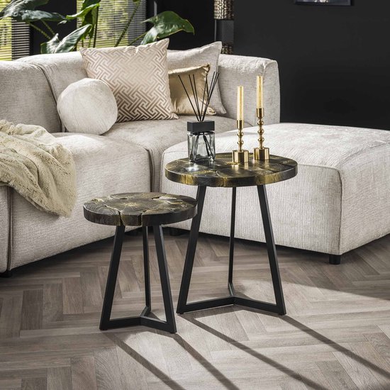 LifestyleFurn Salontafel Kaeo - Teakhout - Set van 2 stuks - Zwart/Goud