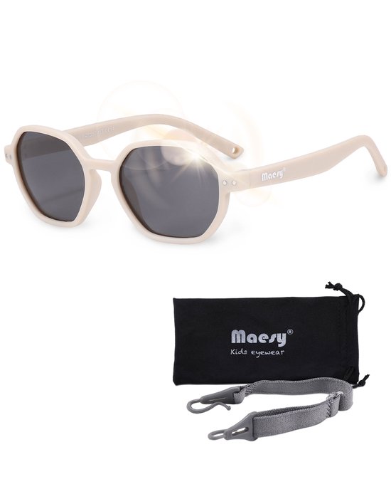 Maesy - lunettes de soleil bébé Yana - bambin et bambin - 1-3 ans - flexible pliable - élastique réglable - protection UV400 polarisée - lunettes de soleil bébé unisexe hexagon - beige écru