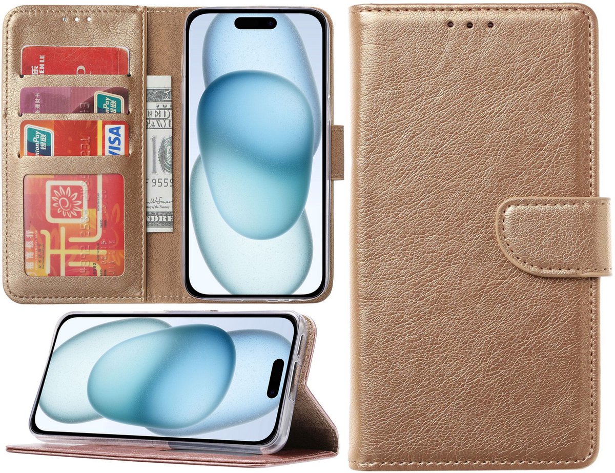 Hoesje Geschikt voor iPhone 15 Plus – portemonnee bookcase met pasjeshouder – Goud