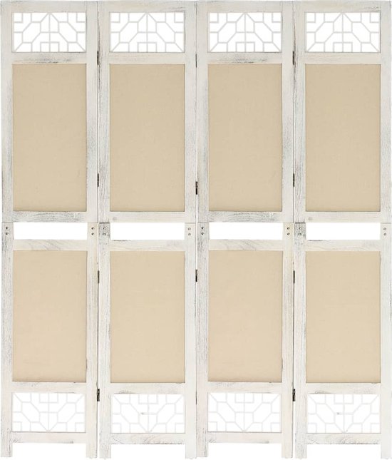 The Living Store Kamerscherm - 4 panelen - 140 x 165 cm - Vrijstaand - Crème en wit - Paulowniahout+MDF+stof