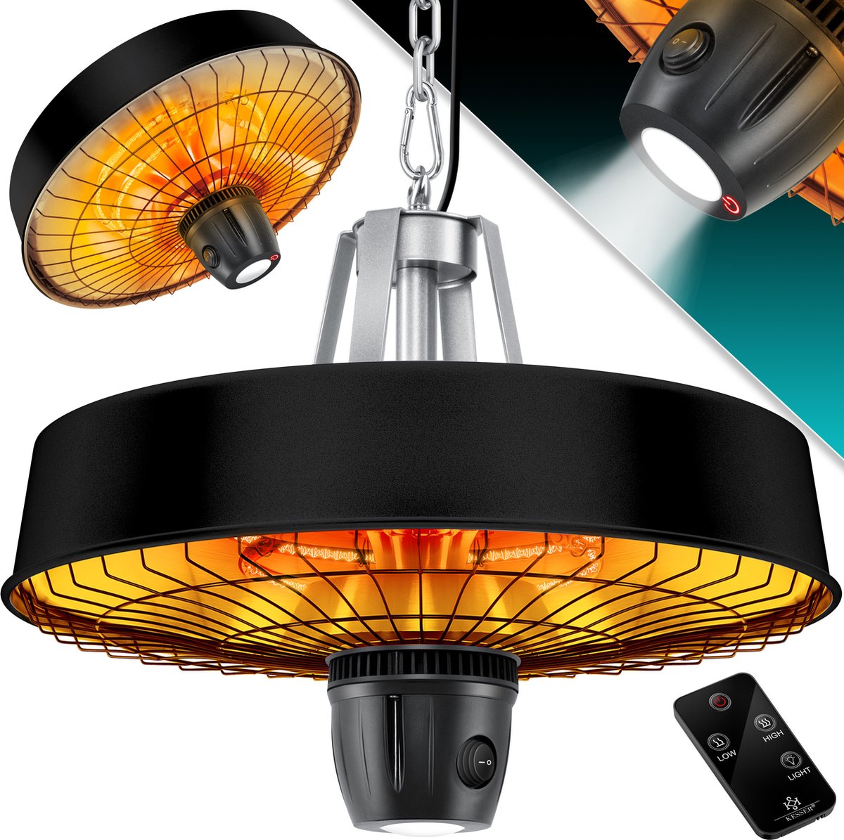 KESSER® Terrasverwarmer Elektrische Verwarming voor Plafond Warmtestraler LED-licht Infrarood Heater met ketting + karabijnhaak - Zwart, 2500W