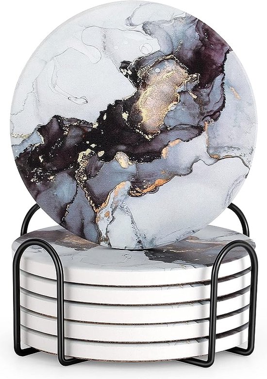 Foto: Ibright onderzetters voor glazen set van 8 met houder absorberend rond zwart goud navy marble marmer design coasters