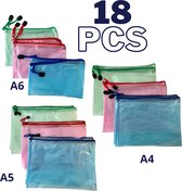 RyC Toys Plastic Documenttas, 18PCS zakje met ritssluiting, PVC mesh zakje met ritssluiting Document portefeuille, kleine voorwerpen opbergen, cosmetica en reisaccessoires enz,A4+A5+A6, 3 kleuren | schoolkantoor | huiswerk voor documenten