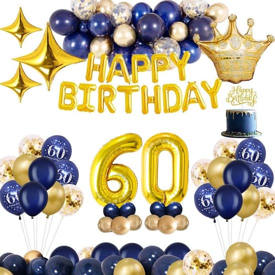 FeestmetJoep® 60 jaar feestpakket Blauw / Goud 50-delig - 60 jaar verjaardag - 60 jaar verjaardag versiering - 60 jaar slingers - 60 jaar ballonnen - Feestversiering voor man & vrouw Blauw / Goud - 60 jaar verjaardag man / vrouw - 60 jaar versiering