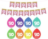 Haza Verjaardag 90 jaar geworden versiering - 16x thema ballonnen/1x Happy Birthday slinger 300 cm