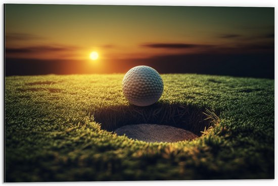 Dibond - Golf - Golfbal - Zonsondergang - 60x40 cm Foto op Aluminium (Met Ophangsysteem)