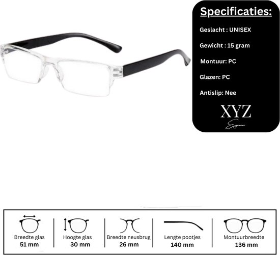 XYZ Eyewear Set de 5 Lunettes de lecture +3,00 - Femme - Homme - Lunettes de lecture - Trendy - Lunettes de lecture - Lunettes de lecture avec prescription - Avantage - Sans monture - Avec prescription +3,00