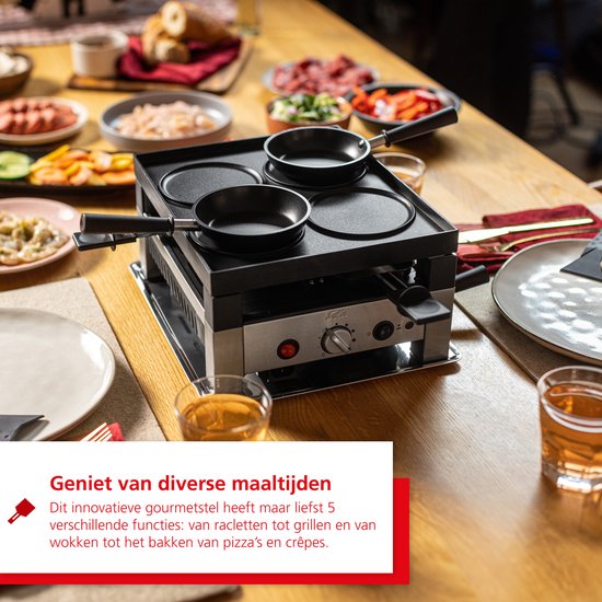 Gourmetstel voor 4 personen op een gedekte tafel, met diverse ingrediënten en kleine pannetjes. Tekst "Geniet van diverse maaltijden" staat in een rood vlak.