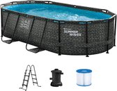 Ovaal donkergrijs buizenzwembad met visgraatmotief en filterpomp met patroon - L424 x D250 x H100 cm - SALAMANQUE L 424 cm x H 100 cm x D 250 cm