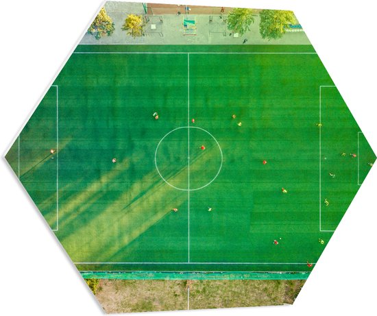 PVC Schuimplaat Hexagon - Bovenaanzicht van Voetballers op Voetbakveld - 80x69.6 cm Foto op Hexagon (Met Ophangsysteem)