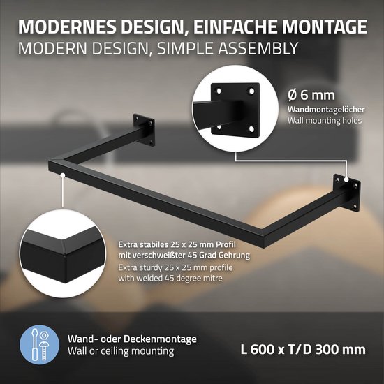 Rechthoekige kledingstang voor wand 30x60 cm Zwart staal ML-Design
