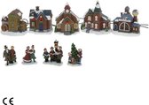 Kerstdorp met verlichting, 9-delig - 5 huizen en 4 figurenkoppels - Hoogte 12 cm.