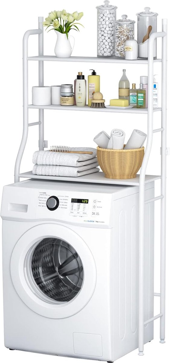 EUGAD Wasmachinekast, wasmachinerek boven wasmachine toilet, toiletplank met kast verstelbare plank, badkamerplank van hout, materiaal metaal, 64,5 x 170 x 27 cm