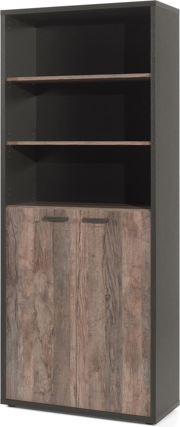 Halfopen kantoorkast Roland Zwart Vintage - Breedte 90 cm - Hoogte 216 cm - Diepte 40 cm - Met planken - Met openslaande deuren