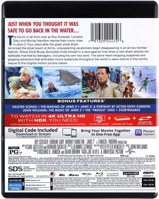 Achterkant van de Jaws 2 Blu-ray hoes, met een samenvatting, bonusfuncties en technische specificaties.