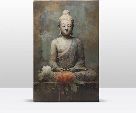 Buddha met bloemen - Laqueprint - 19,5 x 30 cm - Niet van echt te onderscheiden handgelakt schilderijtje op hout - Mooier dan een print op canvas. - LW527
