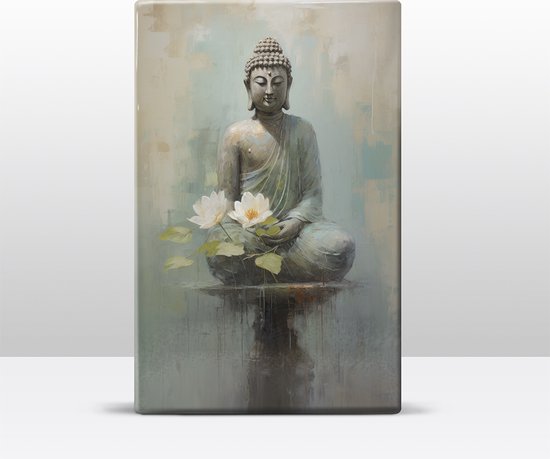 Buddha met bloemen - Mini Laqueprint - 9,6 x 14,7 cm - Niet van echt te onderscheiden handgelakt schilderijtje op hout - Mooier dan een print op canvas. - LWS506