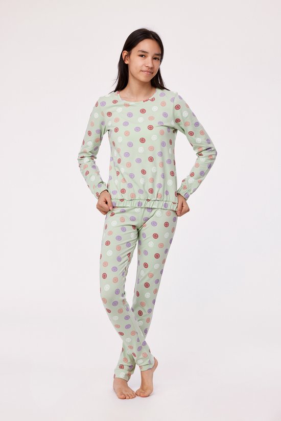 Woody Studio pyjama meisjes/dames - muntgroen - smiley all-over print - 232-12-YPB-Z/955 - maat 128