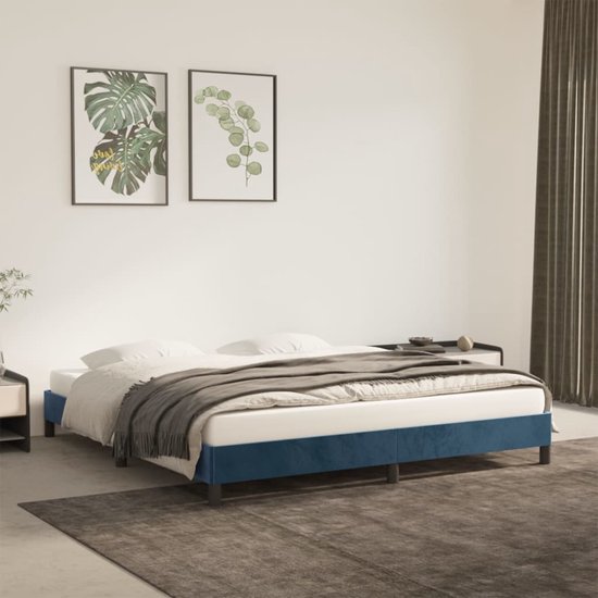 The Living Store Bedframe - Zacht fluwelen stof - Ondersteunende poten - Multiplex lattenbodem - Donkerblauw - 203 x 183 x 25 cm - Geschikt voor 180 x 200 cm matras (exclusief)