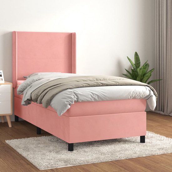 The Living Store Boxspringbed - Zacht fluweel - Praktisch hoofdbord - Pocketvering matras - Middelharde ondersteuning - Huidvriendelijk topmatras - Roze - 203x103x118/128 cm