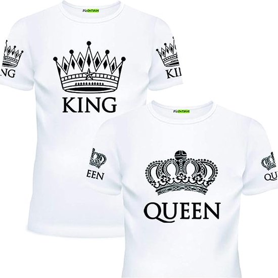 PicOnTshirt - Teetalks Series - T-Shirt Dames - T-Shirt Heren - T-Shirt Met Print - Couple T-Shirt Met King and Queen Print - 2 Pack - Wit - Heren S/Dames XS