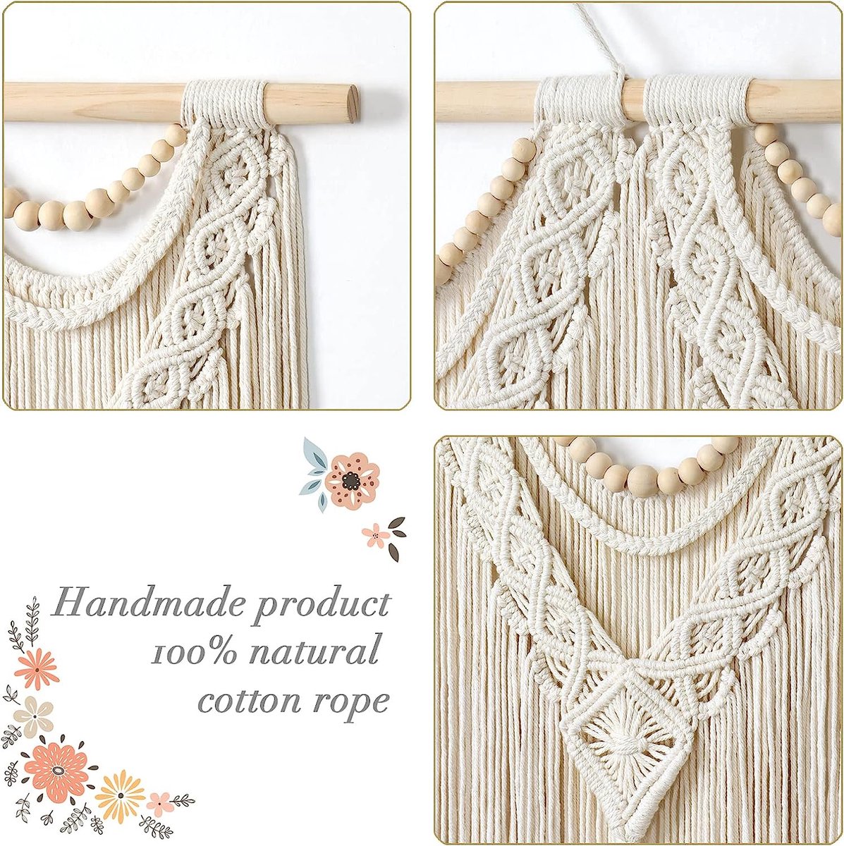 Dremisland Macramé Handgeweven Katoenen Wandtapijt 80x66cm Bladeren Kwasten Macramé Wandtapijt Bohemian Muurkunst Decor voor Balkon Wanddecoratie in Appartement Slaapkamer