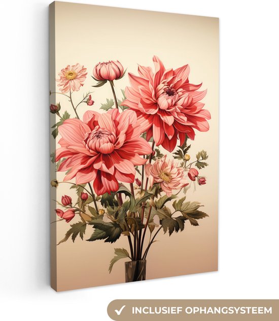 Canvas Schilderij Vintage - Bloemen - Rood - Beige - Planten - Wanddecoratie
