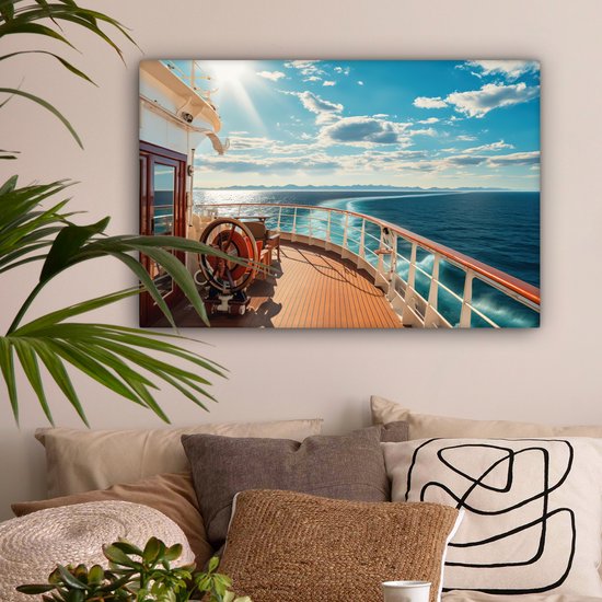 Tableau sur toile Bateau - Water - Mer - Navigation - Montagnes - Soleil - Maritime - 180x120 cm - Décoration murale XXL