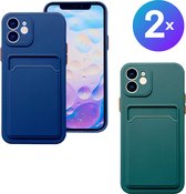 Set van 2 - Stevig TPU Hoesje - Geschikt voor Apple iPhone 15 - Met Kaarthouder - Donkergroen & Donkerblauw - Shockproof Case met Pasjeshouder - TPU Hoes Met Vakje Voor Pasje - Card Case Back Cover