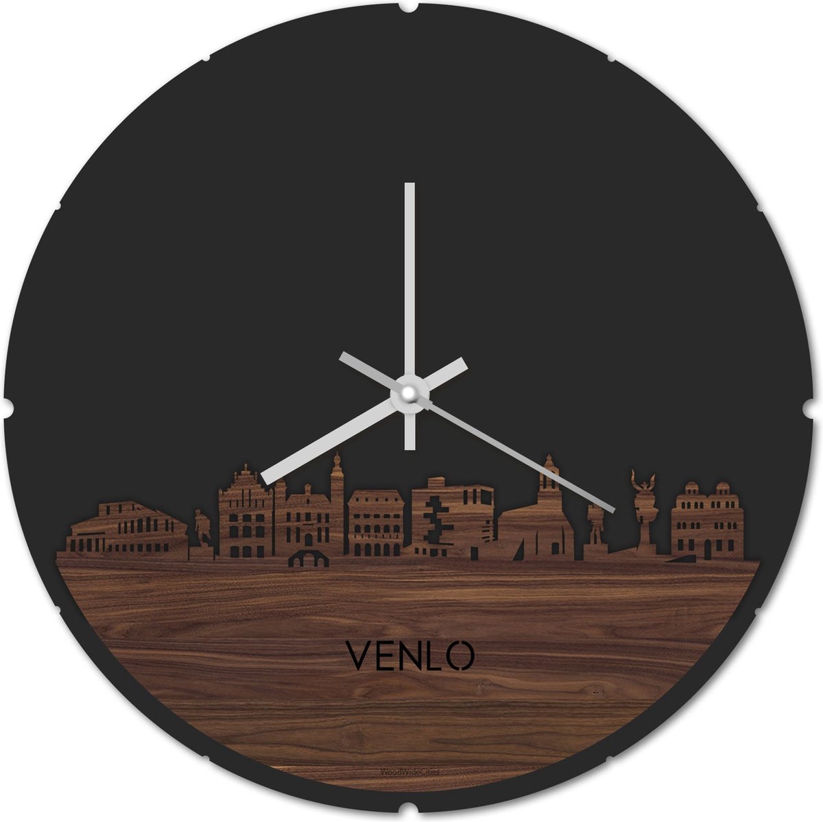 Skyline Klok Rond Venlo Notenhout - Ø 44 cm - Stil uurwerk - Wanddecoratie - Meer steden beschikbaar - Woonkamer idee - Woondecoratie - City Art - Steden kunst - Cadeau voor hem - Cadeau voor haar - Jubileum - Trouwerij - Housewarming -