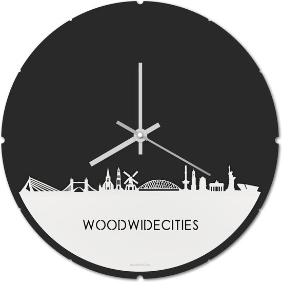 Skyline Klok Rond WoodWideCities Wit Glanzend - Ø 44 cm - Stil uurwerk - Wanddecoratie - Meer steden beschikbaar - Woonkamer idee - Woondecoratie - City Art - Steden kunst - Cadeau voor hem - Cadeau voor haar - Jubileum - Trouwerij - Housewarming -