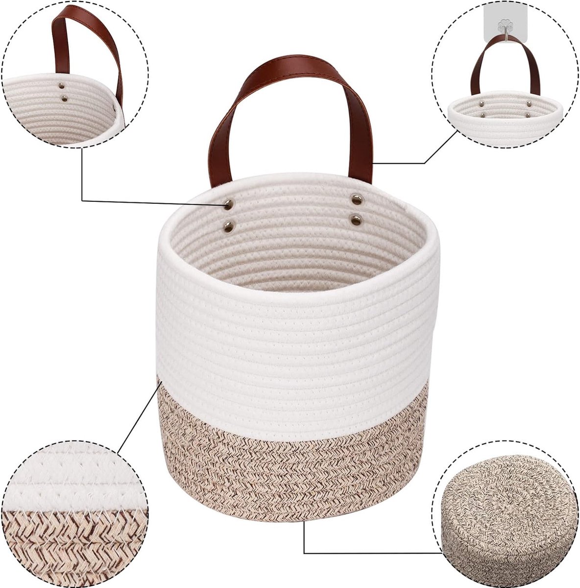 Panier De Rangement Murale En Corde De Coton - Tressé Main, 14x14 Cm, Pour Cuisine, Salle De Bain, Organiser