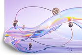 Fotobehang Abstract 3D Render. Glass Ribbon On Water With Geometric Circle And Spheres. Holographic Shape In Motion. Iridescent Digital Art For Banner Background, Wallpaper. Transparent Glossy Design Element.