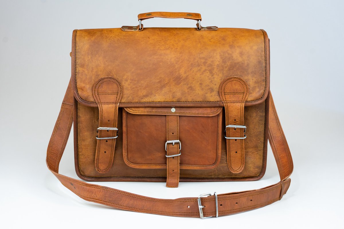 Laptoptas 15,6 inch “Granada” – Bruin ECHTE LEDER Messengertas - Unisex Vintage Look Satchel Working bag 42 x 29 x 11 cm (MODEL067)