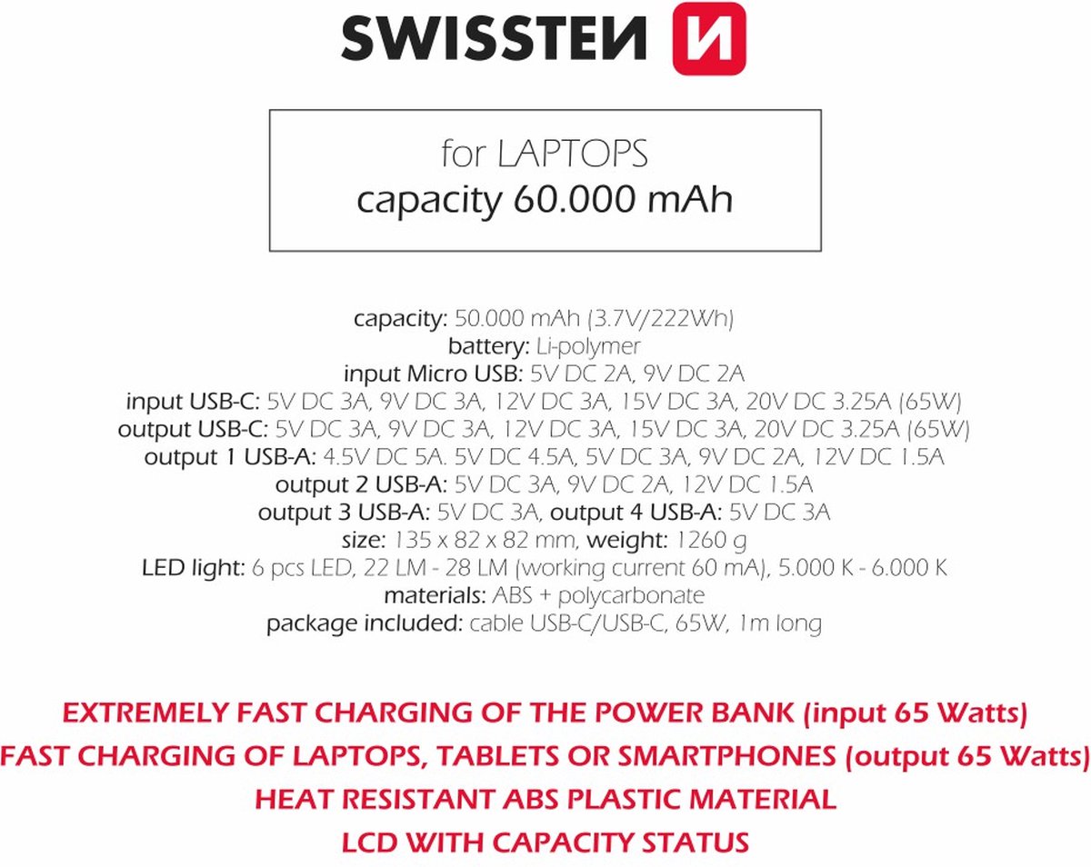 Swissten Power Line Powerbank 60.000 mAh USB & USB-C Zwart - afbeelding 2