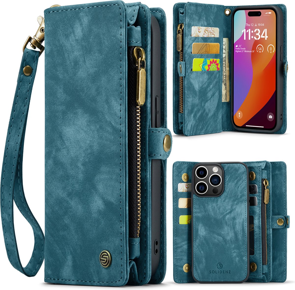 Solidenz hoesje geschikt voor iPhone 15 Pro Max – wallet met ritsvak en polskoord – blauw