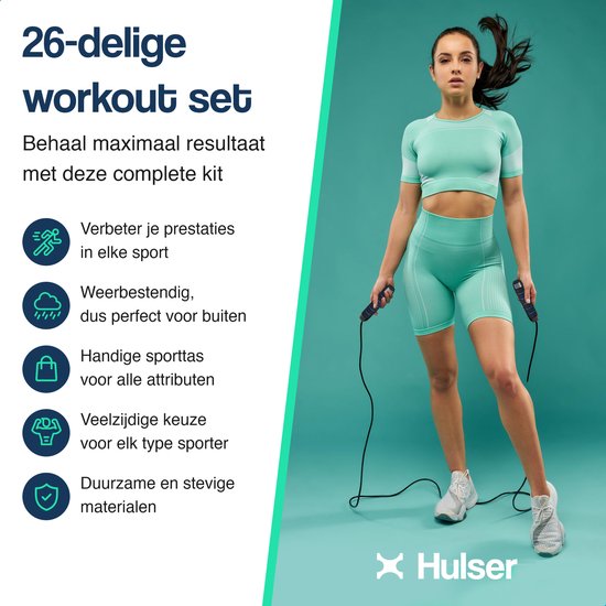 Hulser Sport Trainingsmateriaal - 26-delig - Voetbal spullen - Loopladder 6 meter - Weerstand parachute - Pionnen set - Trainingshoedjes - Horden - Springtouw - Weerstandsbanden - Artikelen (Blauw