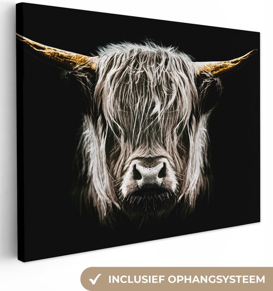Canvas Schilderij Schotse hooglander - Goud - Hoorns - Zwart wit - Koe - Dieren - 120x90 cm - Wanddecoratie